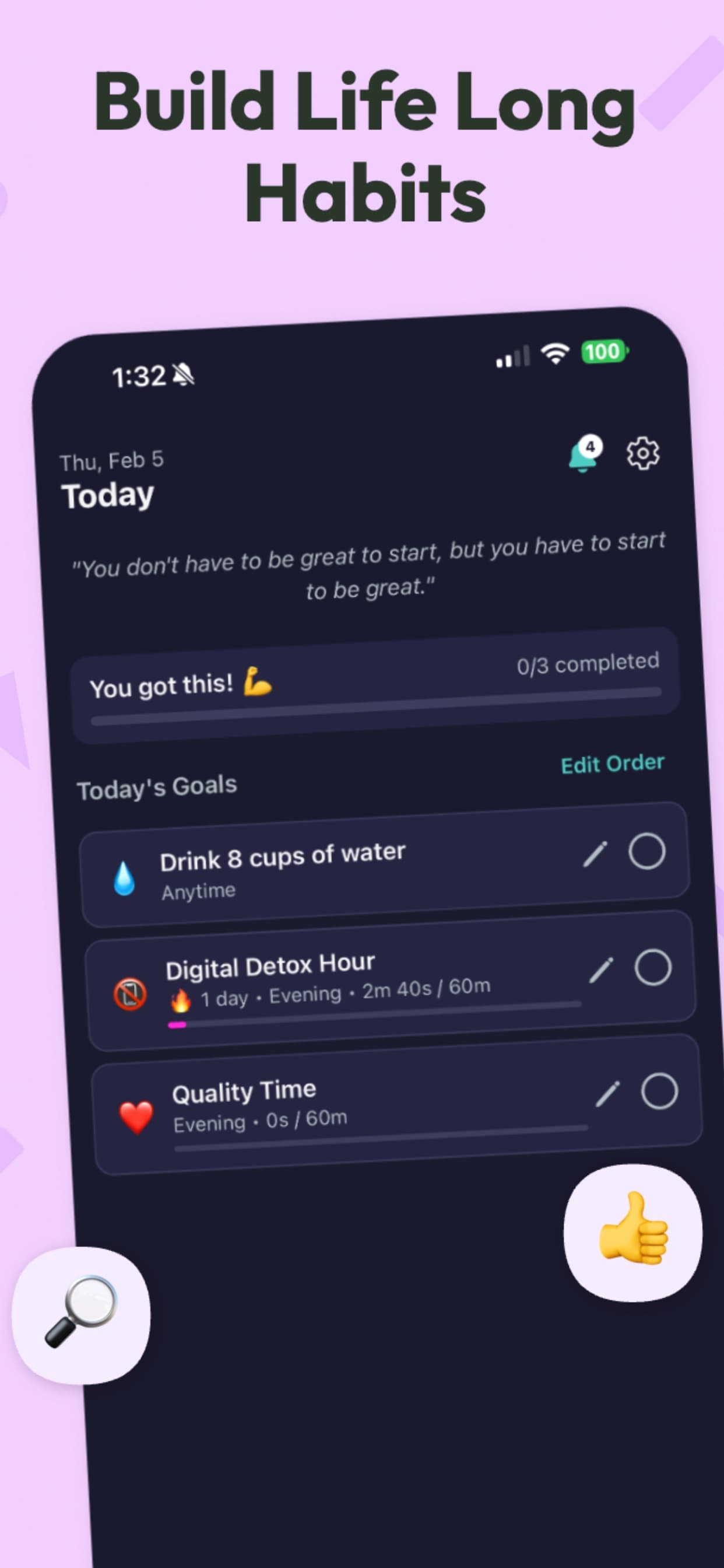 Build Life Long Habits - Daily goals view